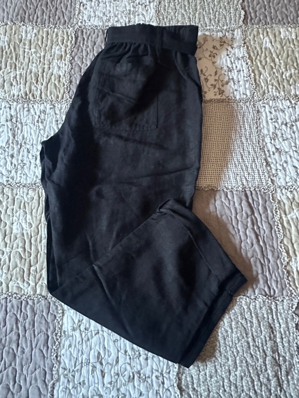 Women’s Tribal Black Tie-Waist Linen-like Wide Leg Trousers Size M Petite